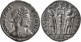 Constans, 337-350. Follis (Bronze, 16 mm, 1.85 g, 6 h), Treveri, 337-340. CONSTANS P F AVG Rosette-diademed and cuirassed bust of Constans to right. R...