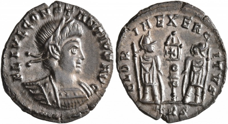 Constantius II, 337-361. Follis (Silvered bronze, 17 mm, 1.46 g, 6 h), Treveri, ...