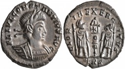 Constantius II, 337-361. Follis (Silvered bronze, 17 mm, 1.46 g, 6 h), Treveri, 337-340. FL IVL CONSTANTIVS AVG Laureate and cuirassed bust of Constan...