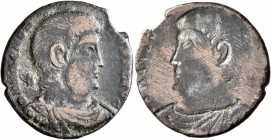 Magnentius, 350-353. Follis (Bronze, 22 mm, 4.05 g, 12 h), brockage mint error, Treveri (?). D N MAGNEN-TIVS P F AVG Bare-headed and draped bust of Ma...
