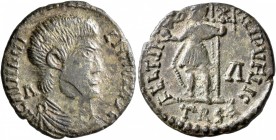 Magnentius, 350-353. Follis (Bronze, 20 mm, 4.33 g, 6 h), a contemporary imitation of an issue from Treveri, after 350. VICΛIIIIIIIILIIΠIΠAVG Draped b...