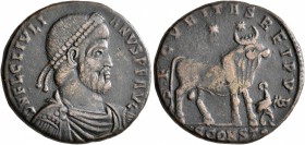 Julian II, 360-363. Follis (Bronze, 26 mm, 10.52 g, 6 h), Arelate. D N FL CL IVLI-ANVS P F AVG Pearl-diademed, draped and cuirassed bust of Julian II ...