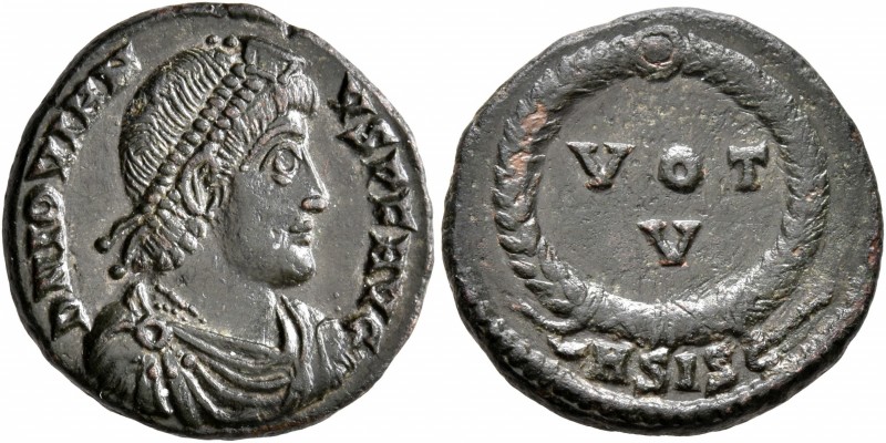 Jovian, 363-364. Follis (Bronze, 19 mm, 3.81 g, 12 h), Siscia. D N IOVIAN-VS P F...