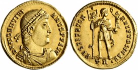 Valentinian I, 364-375. Solidus (Gold, 21 mm, 4.26 g, 6 h), Treveri, February 364-August 367. D N VALENTINI-ANVS P F AVG Pearl-diademed, draped and cu...