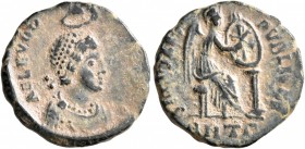 Aelia Eudoxia, Augusta, 400-404. Follis (Bronze, 16 mm, 2.39 g, 5 h), Antiochia, 401-403. AEL EVDO-[XIA AVG] Pearl-diademed and draped bust of Aelia E...