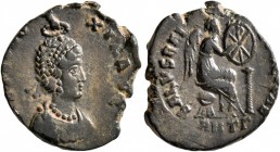 Aelia Eudoxia, Augusta, 400-404. Follis (Bronze, 17 mm, 2.42 g, 12 h), Antiochia, 401-403. AEL EVDO-XIA AVG Pearl-diademed and draped bust of Aelia Eu...