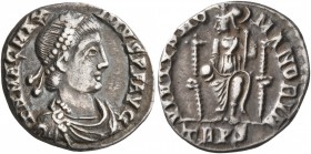 Magnus Maximus, 383-388. Siliqua (Silver, 16 mm, 1.65 g, 6 h), Treveri. D N MAG MAX-IMVS P F AVG Pearl-diademed, draped and cuirassed bust of Magnus M...