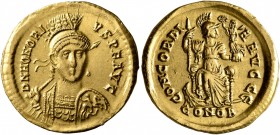 Honorius, 393-423. Solidus (Gold, 21 mm, 4.44 g, 6 h), Constantinopolis, 397-402. D N HONORI-VS P F AVG Pearl-diademed, helmeted and cuirassed bust of...