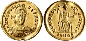 Honorius, 393-423. Solidus (Gold, 21 mm, 4.40 g, 6 h), Constantinopolis, circa 402-403. D N HONORI-VS P F AVG Pearl-diademed, helmeted and cuirassed b...
