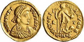 Honorius, 393-423. Solidus (Gold, 21 mm, 4.43 g, 5 h), Ravenna, 402-406. D N HONORI-VS P F AVG Pearl-diademed, draped and cuirassed bust of Honorius t...