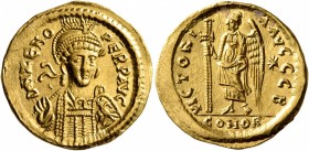 Zeno, second reign, 476-491. Solidus (Gold, 20 mm, 4.49 g, 7 h), Constantinopolis. D N ZENO PERP AVG Pearl-diademed, helmeted and cuirassed bust of Ze...