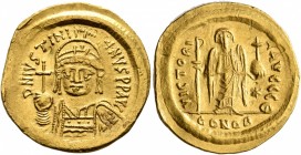 Justinian I, 527-565. Solidus (Gold, 21 mm, 4.36 g, 5 h), Constantinopolis, circa 545-565. D N IVSTINIANVS P P AVG Helmeted and cuirassed bust of Just...