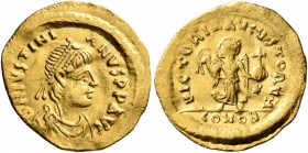 Justinian I, 527-565. Tremissis (Gold, 16 mm, 1.40 g, 5 h), Constantinopolis. D N IVSTINIANVS P P AVG Diademed, draped and cuirassed bust of Justinian...
