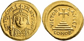 Tiberius II Constantine, 578-582. Solidus (Gold, 20 mm, 4.45 g, 7 h), Constantinopolis, 579-582. δ m TIb CONSTANT P P AVG Draped and cuirassed bust of...