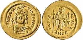 Maurice Tiberius, 582-602. Solidus (Gold, 22 mm, 4.50 g, 7 h), Constantinopolis. O N mAVRC TIb P P AVI Draped and cuirassed bust of Maurice Tiberius f...