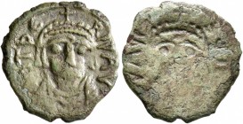 Maurice Tiberius, 582-602. Dekanummium (Bronze, 17 mm, 2.10 g, 12 h), brockage mint error, Constantinopolis, 583-585. [D N MAV] TbЄR P P AV Draped and...