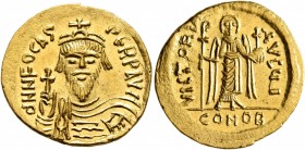 Phocas, 602-610. Solidus (Gold, 21 mm, 4.53 g, 7 h), Constantinopolis, 607-610. d N FOCAS PЄRP AVI Draped and cuirassed bust of Phocas facing, wearing...