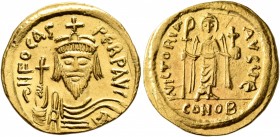 Phocas, 602-610. Solidus (Gold, 21 mm, 4.49 g, 7 h), Constantinopolis, 607-610. d N FOCAS PЄRP AVI Draped and cuirassed bust of Phocas facing, wearing...
