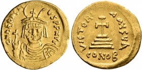 Heraclius, 610-641. Solidus (Gold, 21 mm, 4.43 g, 6 h), Constantinopolis, 610-613. d N hЄRACLIЧS P P AVG Draped and cuirassed bust of Heraclius facing...