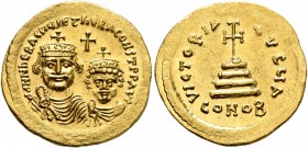 Heraclius, with Heraclius Constantine, 610-641. Solidus (Gold, 21 mm, 4.44 g, 7 h), Constantinopolis, circa 613-616. dd NN hERACLIЧS ET hERA CONST PP ...