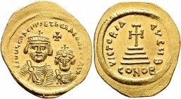 Heraclius, with Heraclius Constantine, 610-641. Solidus (Gold, 24 mm, 4.40 g, 7 h), Constantinopolis, circa 613-616. dd NN hERACLIЧS ET hERA CONST PP ...