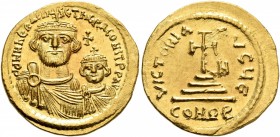 Heraclius, with Heraclius Constantine, 610-641. Solidus (Gold, 21 mm, 4.44 g, 6 h), Constantinopolis, circa 613-616. dd NN hERACLIЧS ET hERA CONST PP ...