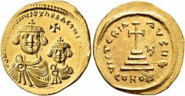 Heraclius, with Heraclius Constantine, 610-641. Solidus (Gold, 22 mm, 4.35 g, 6 h), Constantinopolis, circa 613-616. dd NN hERACLIЧS ET hERA CONST PP ...