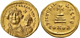 Heraclius, with Heraclius Constantine, 610-641. Solidus (Gold, 20 mm, 4.45 g, 6 h), Constantinopolis, circa 616-625. dd NN hERACLIЧS ET hERA CONST PP ...