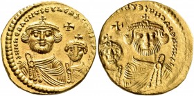 Heraclius, with Heraclius Constantine, 610-641. Solidus (Gold, 20 mm, 4.42 g, 12 h), brockage mint error, Constantinopolis, circa 616-625. δδ NN hERAC...