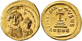 Heraclius, with Heraclius Constantine. Solidus (Gold, 21 mm, 4.40 g, 7 h), Constantinopolis, circa 616-625. dd NN hERACLIЧS ET hERA CONST PP AV Crowne...