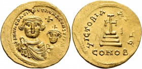Heraclius, with Heraclius Constantine, 610-641. Solidus (Gold, 21 mm, 4.47 g, 5 h), Constantinopolis, circa 616-625. dd NN hERACLIЧS ET hERA CONST PP ...
