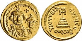 Heraclius, with Heraclius Constantine, 610-641. Solidus (Gold, 20 mm, 4.51 g, 7 h), Constantinopolis, circa 616-625. dd NN hERACLIЧS ET hERA CONST PP ...