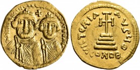 Heraclius, with Heraclius Constantine, 610-641. Solidus (Gold, 21 mm, 4.43 g, 6 h), Constantinopolis, 629-631. δδ NN hERACLIЧS ET hERA CONST PP AV Cro...