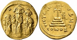 Heraclius, with Heraclius Constantine and Heraclonas, 610-641. Solidus (Gold, 21 mm, 4.45 g, 7 h), Constantinopolis, circa 632-635. Heraclius and Hera...
