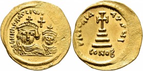 Heraclius, with Heraclius Constantine, 610-641. Solidus (Gold, 21 mm, 4.51 g, 7 h), uncertain eastern mint (Alexandria?), 613-618. dd NN hERACLIЧS E[T...