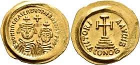 Heraclius, with Heraclius Constantine, 610-641. Solidus (Gold, 22 mm, 4.46 g, 7 h), Ravenna, circa 613-618. DD NN hERACLIVS ET hЄRA CONT P P AV Draped...