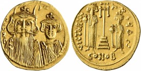 Constans II, with Constantine IV, Heraclius, and Tiberius, 641-668. Solidus (Gold, 20 mm, 4.39 g, 7 h), Constantinopolis, 661-663. d N CON Facing bust...