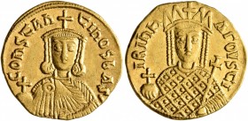 Constantine VI & Irene, 780-797. Solidus (Gold, 19 mm, 4.34 g, 6 h), Constantinopolis, 792-797. IRInH AΓOVSTI Facing bust of Irene, wearing loros and ...