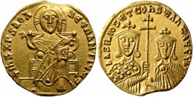 Basil I the Macedonian, with Constantine, 867-886. Solidus (Gold, 19 mm, 4.38 g, 7 h), Constantinopolis, 868-879. +IhS XPS RЄX RЄςNANTIЧM✱ Christ, nim...
