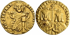 Basil I the Macedonian, with Constantine, 867-886. Solidus (Gold, 19 mm, 4.29 g, 7 h), Constantinopolis. +IhS XPS RЄX RЄςNANTIЧM✱ Christ, nimbate, sea...