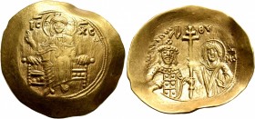 John II Comnenus, 1118-1143. Hyperpyron (Gold, 27 mm, 4.41 g, 6 h), Thessalonica. Christ, nimbate, seated facing on throne without back, wearing palli...
