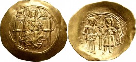 Isaac II Angelus, first reign, 1185-1195. Hyperpyron (Gold, 28 mm, 4.18 g, 7 h), Constantinopolis. The Virgin, nimbate, seated facing on throne, weari...