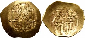 Isaac II Angelus, first reign, 1185-1195. Hyperpyron (Gold, 27 mm, 4.39 g, 6 h), Constantinopolis. The Virgin, nimbate, seated facing on throne, weari...