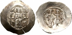 Isaac II Angelus, first reign, 1185-1195. Aspron Trachy (Electrum, 30 mm, 4.51 g, 6 h), Constantinopolis. The Virgin Mary enthroned facing, nimbate, w...