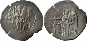 Michael VIII Palaeologus, 1261-1282. Aspron Trachy (Bronze, 29 mm, 3.40 g, 6 h), Thessalonica. Γ/A ΔΗ[...] St. Demetrius standing facing in military a...