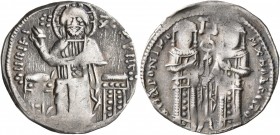 Andronicus II Palaeologus, with Michael IX, 1282-1328. Basilikon (Silver, 21 mm, 2.00 g, 6 h), Constantinopolis, 1304-1320. KVPIE BOHΘEI Christ, nimba...