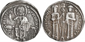 Andronicus II Palaeologus, with Michael IX, 1282-1328. Basilikon (Silver, 21 mm, 2.06 g, 6 h), Constantinopolis, 1304-1320. KVPIE BOHΘEI Christ, nimba...