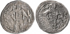 Andronicus II Palaeologus, with Michael IX, 1282-1328. Basilikon (Silver, 18 mm, 1.52 g, 5 h), Constantinopolis, circa 1305-1320. ΑNΔPONIKOC ΔЄCΠOTHC ...