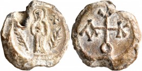 Akakios, 7th century. Seal (Lead, 20 mm, 7.87 g, 12 h). Virgin standing facing, nimbate, holding infant Christ in front of her; to left and right, cro...