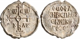 Theophanes, imperial spatharios and genikos logothetes, circa 750-850. Seal (Lead, 37 mm, 19.87 g, 12 h). Cruciform monogram ΘEOTOKЄ BOHΘЄI; in quadra...